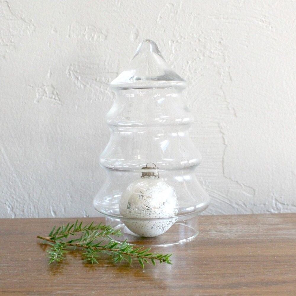 Vintage Glass Christmas Tree Candy Jar Glass Container Cloche Dome Holiday Decor